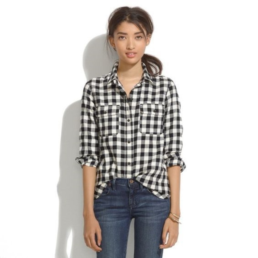 PER SE Black+White Buffalo Plaid Boyfriend Flannel - Picture 1 of 8